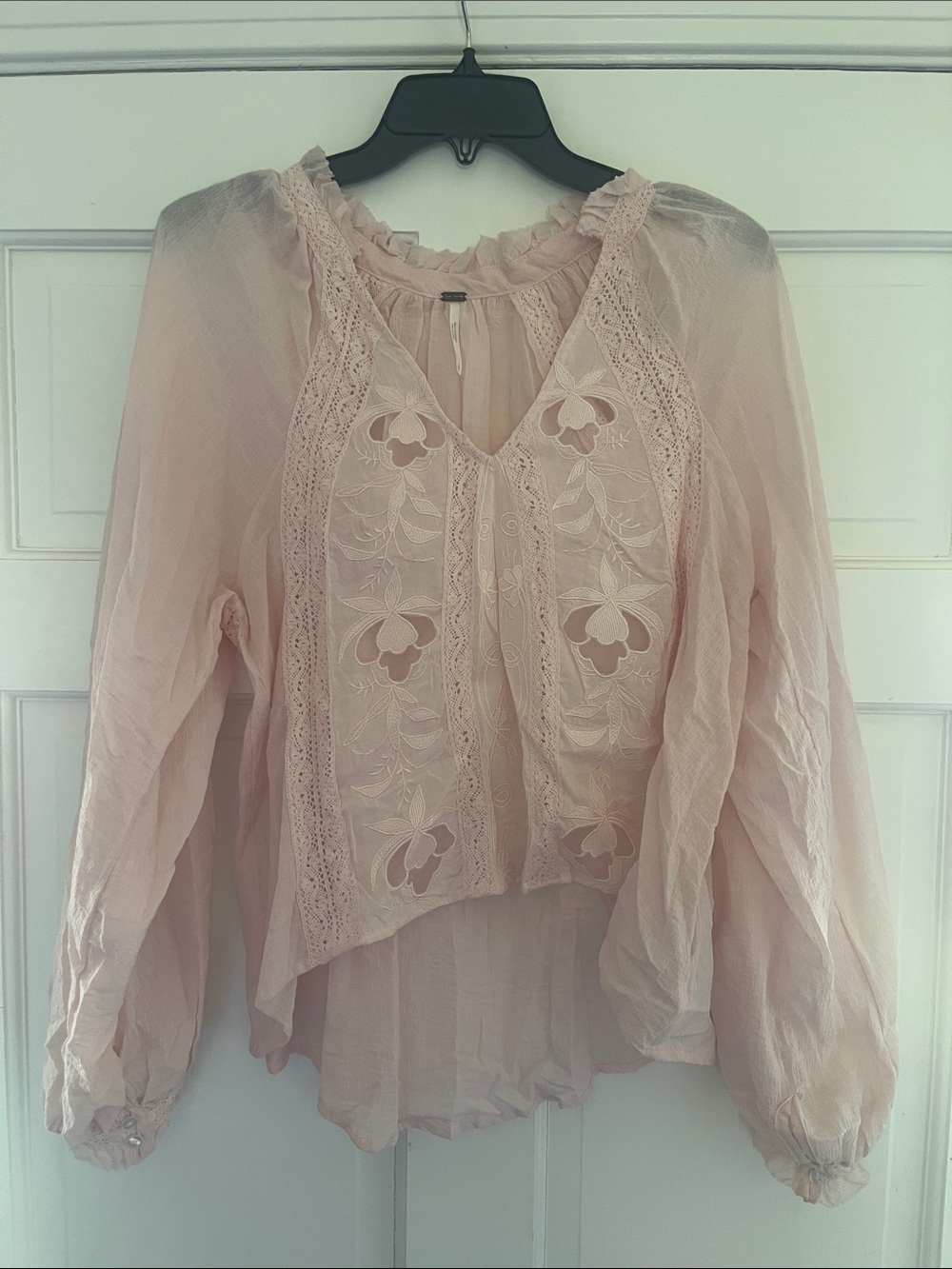 Free People Pale Pink Embroidered V-Neck Blouse